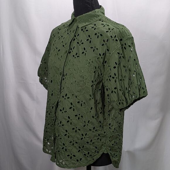 J.Crew Mozy Green Eyelet Top Sz 4 Puff Sleeve Boho Earthy Lagenlook Blouse - Picture 8 of 14